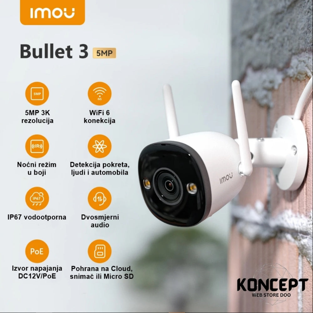 Imou Bullet 3 5MP WiFi Kamera – Noćni Vid u Boji, AI Detekcija, IP67